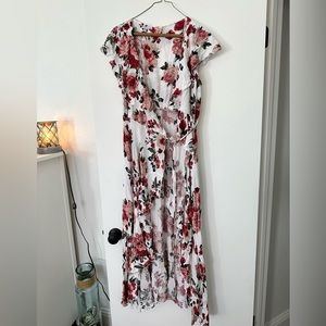 White and pink floral wrap dress